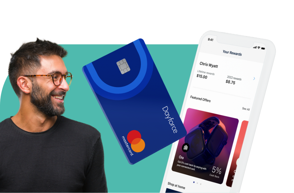 Man, credit card, and phone with dayforce wallet app open.